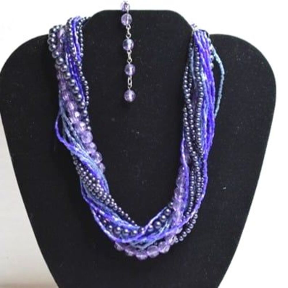 Vintage Boho Blue/Purple Twisted Multi Strand Beaded Statement 18" Necklace